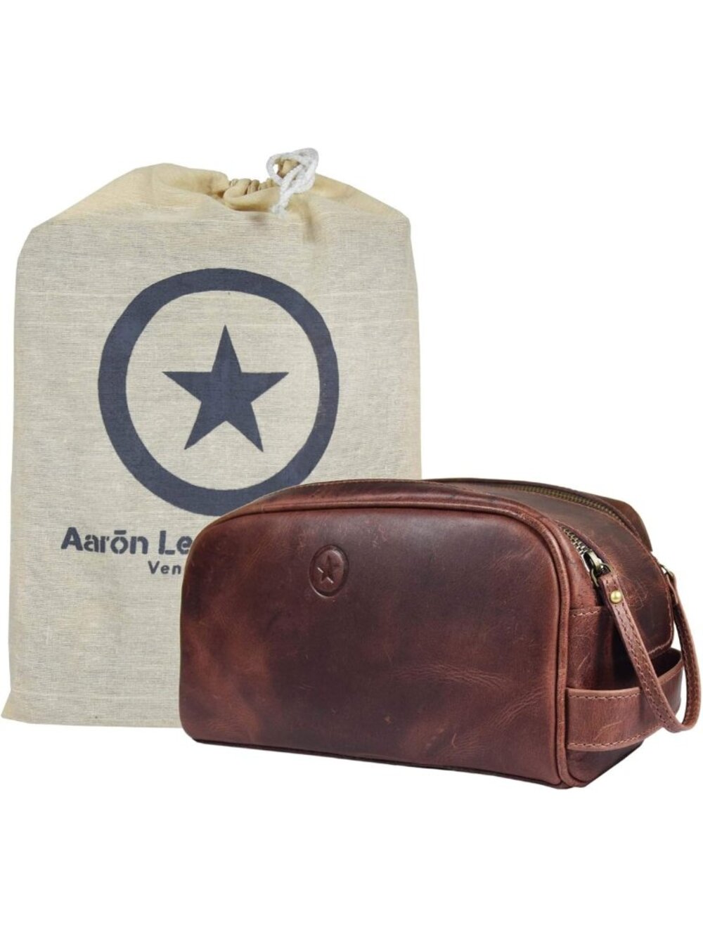 10" Premium Leather Travel Toiletry Pouch | Waterproof Vintage Dopp Kit - Dark